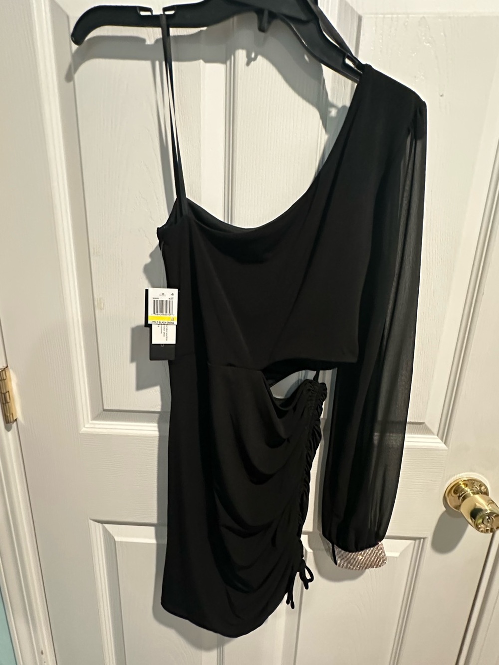 City Studio Black One-Shoulder Ruched Mini Dress with Sparkle Cuff